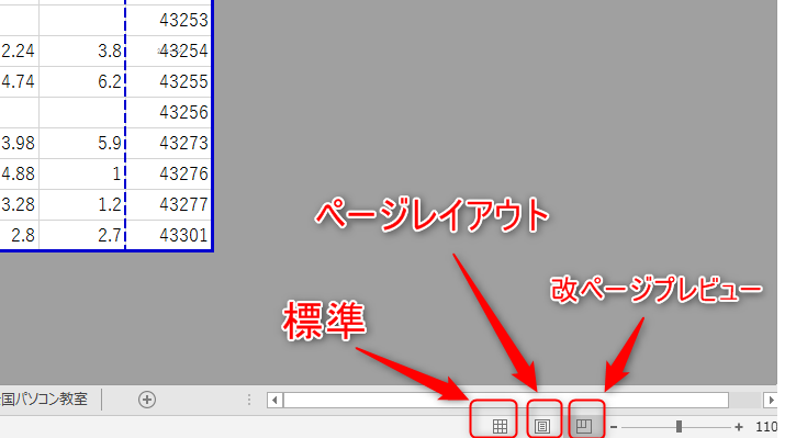 標準・ページレイアウト・改ページプレビューボタンの場所を示すエクセルの画像
