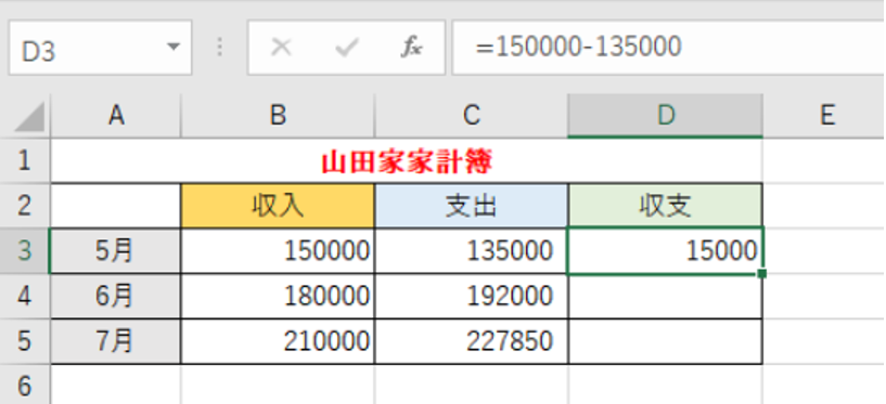 引き算の数式を入力していることを示しているエクセルの画像