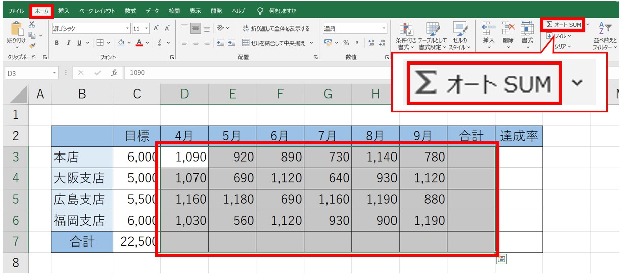 SUM関数を使って合計を出す方法