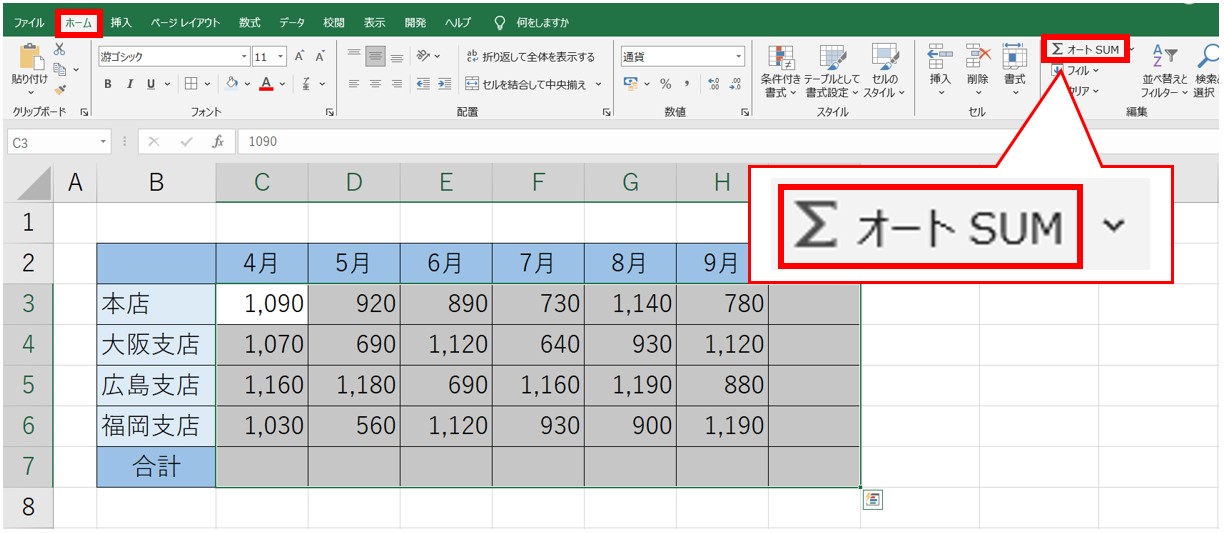 SUM関数を使って合計を出す方法