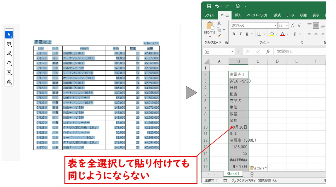 PDFをエクセルにコピペ