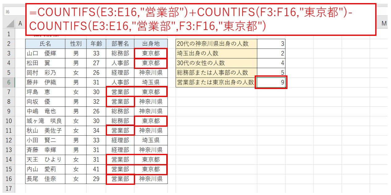 COUNTIFS OR条件で条件が重複するデータを数える方法