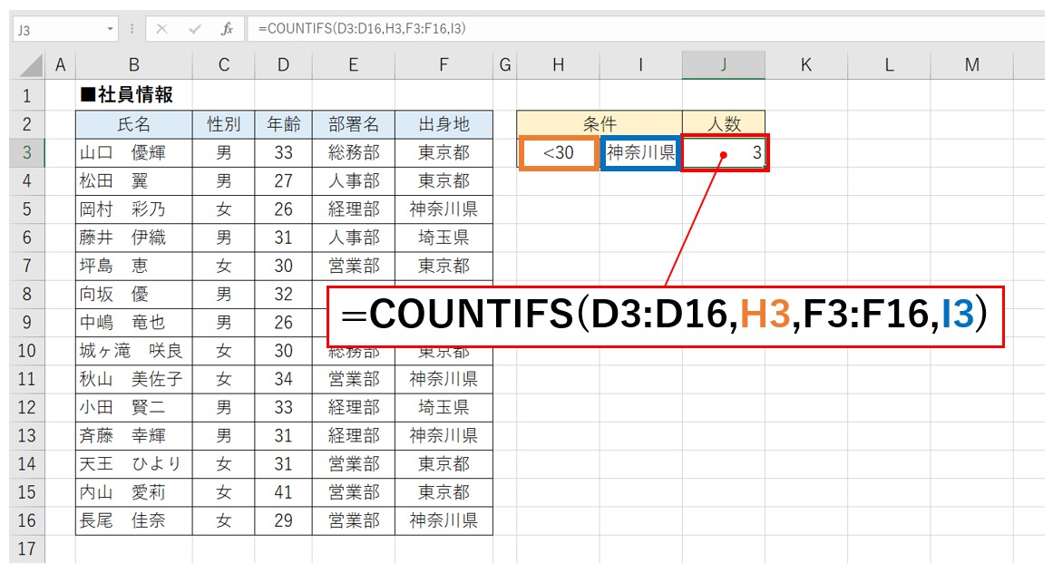 COUNTIFSセルに入力した値を条件として指定する方法