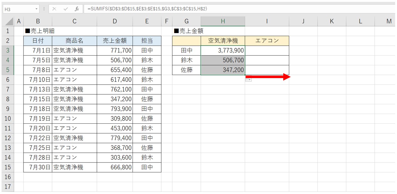 SUMIFS関数クロス集計する方法