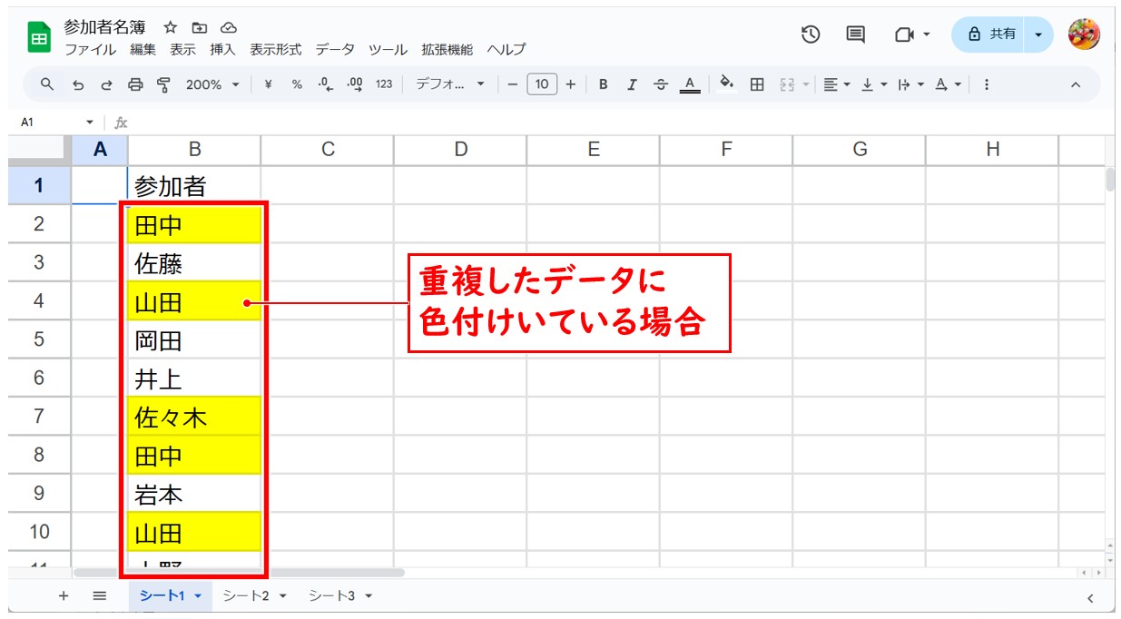 スプレッドシート 重複 色付け