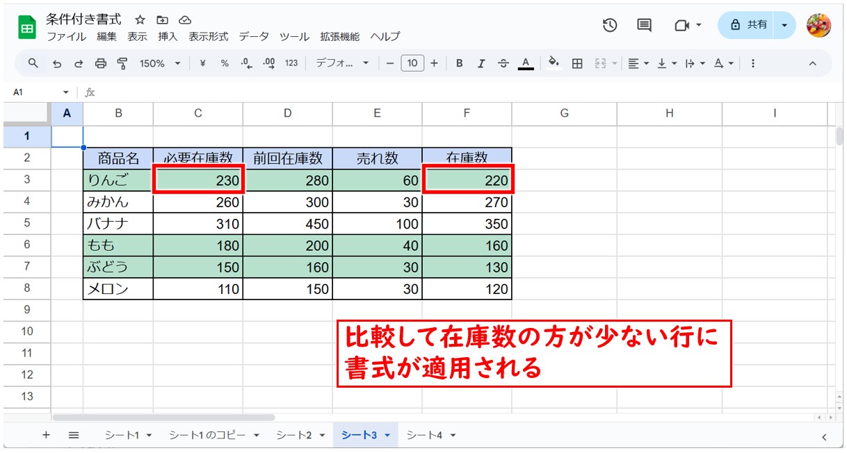 Googleスプレッドシートの条件付き書式（数値を比較して設定）