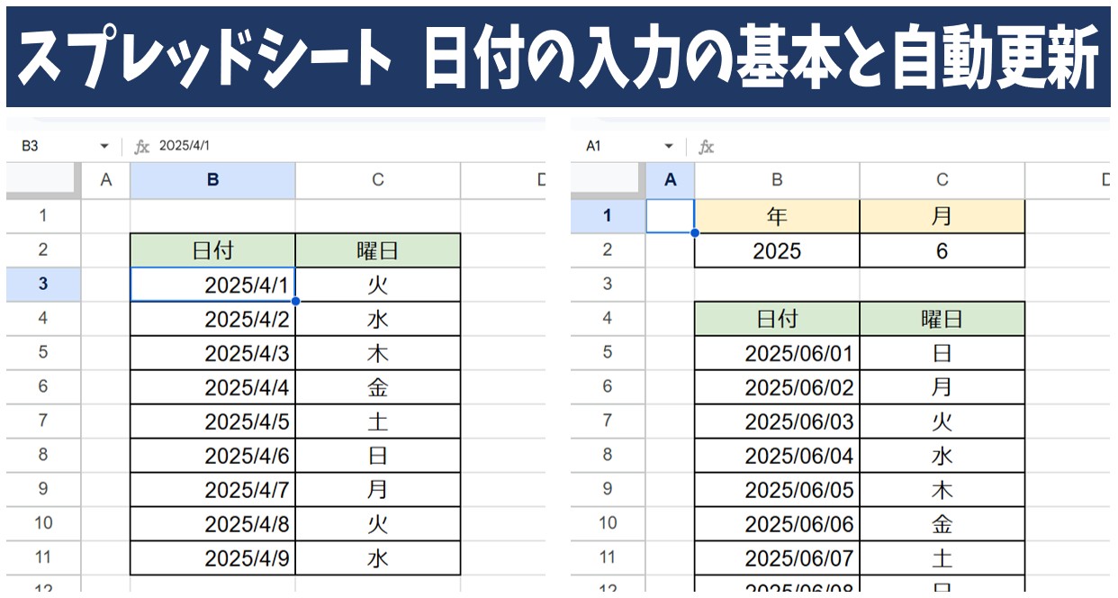 スプレッドシート 日付の入力の基本と自動更新