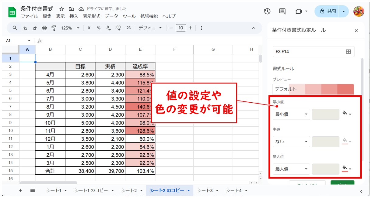 Googleスプレッドシートの条件付き書式（カラースケール）