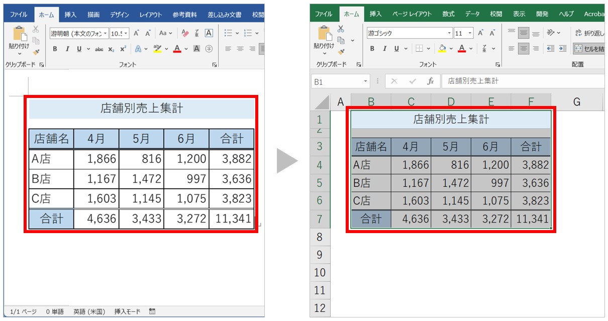 WordにExcelの表を貼り付ける(リンク)