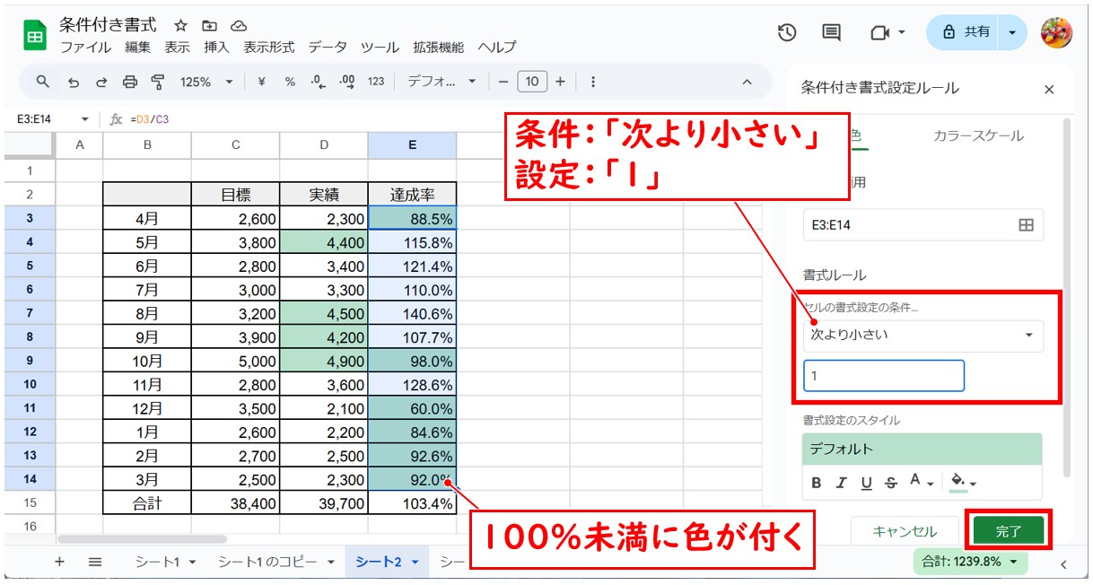 Googleスプレッドシートの条件付き書式（数値やパーセンテージ）