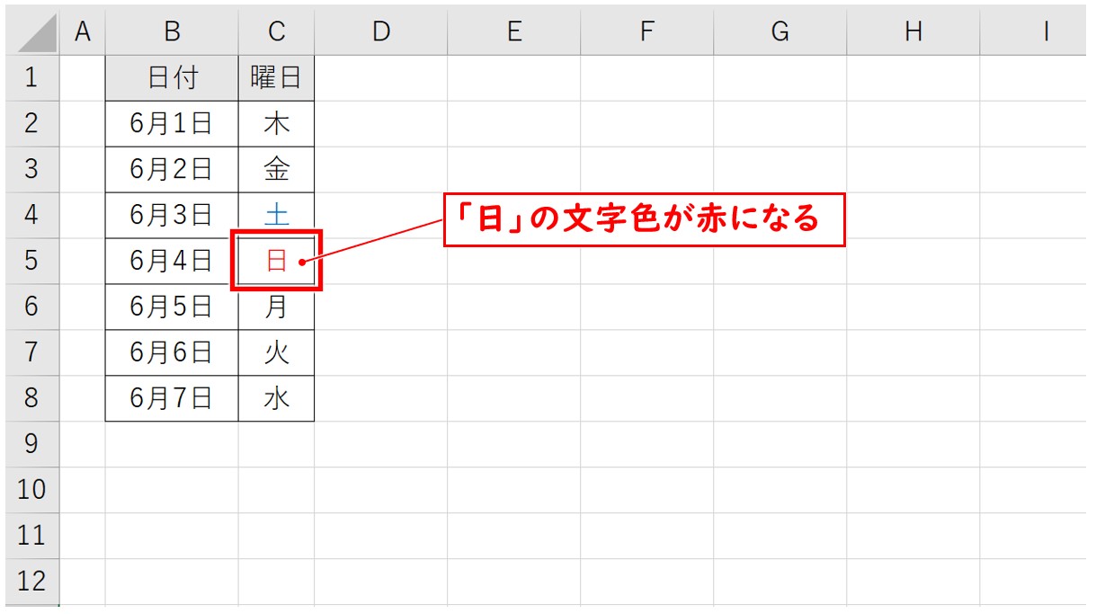 曜日の文字の色を自動で変更する方法