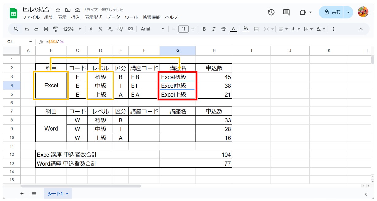 スプレッドシートでセルの文字を結合する方法(＆)