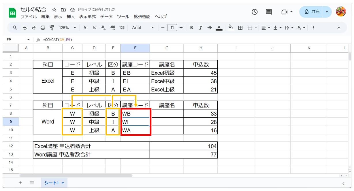 スプレッドシートで文字を結合する方法(CONCAT関数)