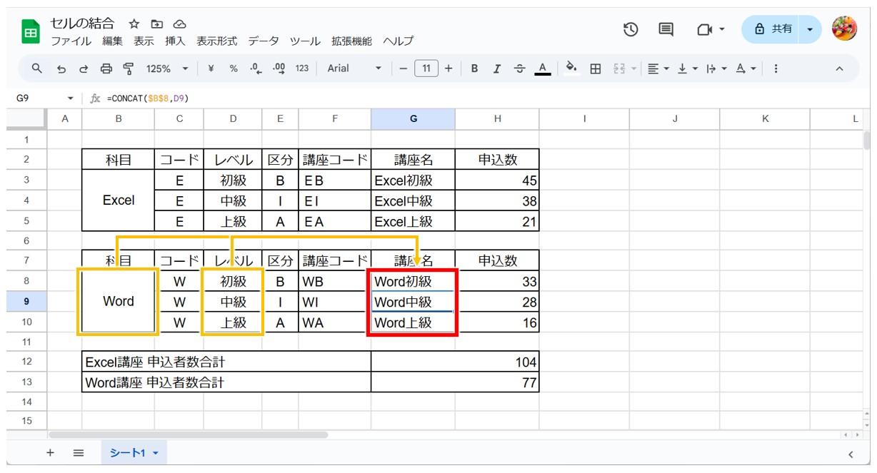 スプレッドシートで文字を結合する方法(CONCAT関数)