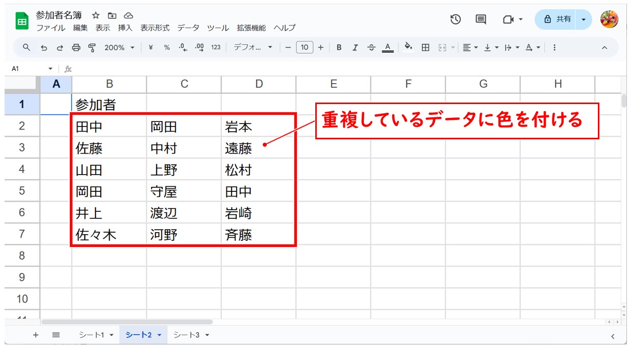 スプレッドシート 重複 色付け