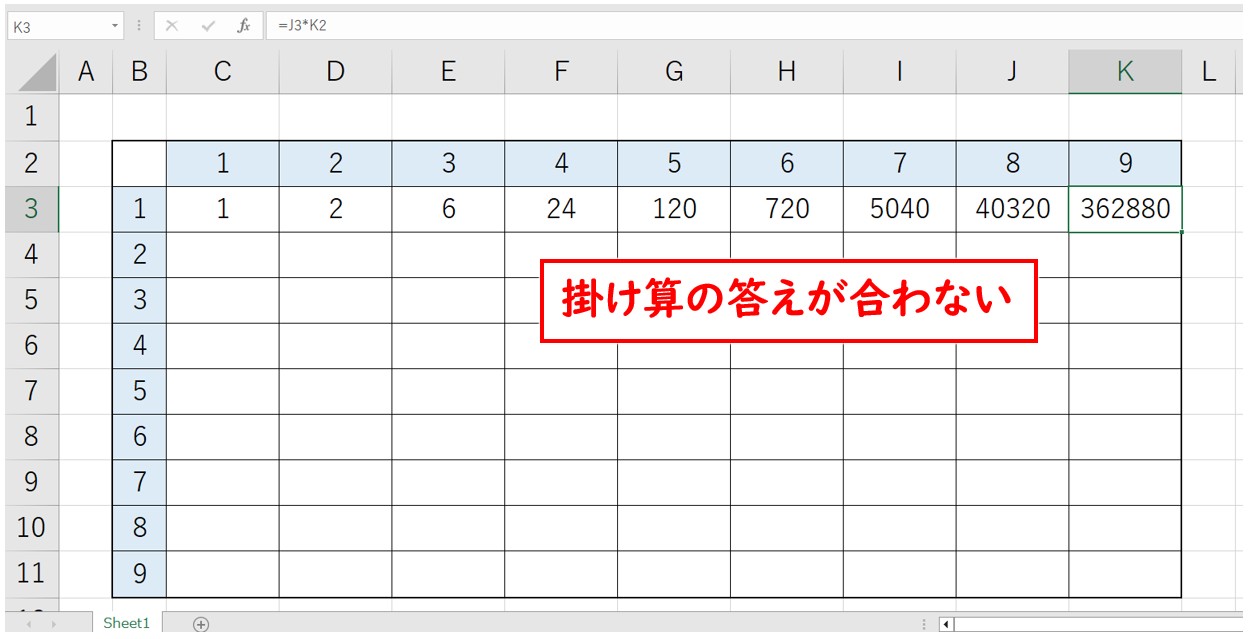 エクセル掛け算　九九表の作り方