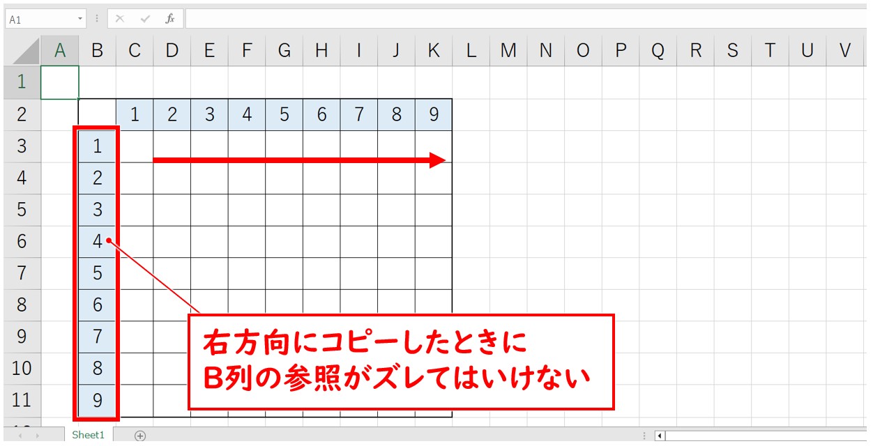 エクセル 掛け算 九九表 作り方