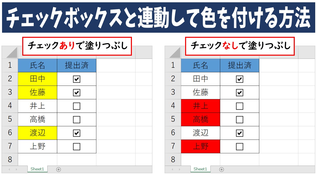 エクセルでチェックボックスと連動して色を付ける方法