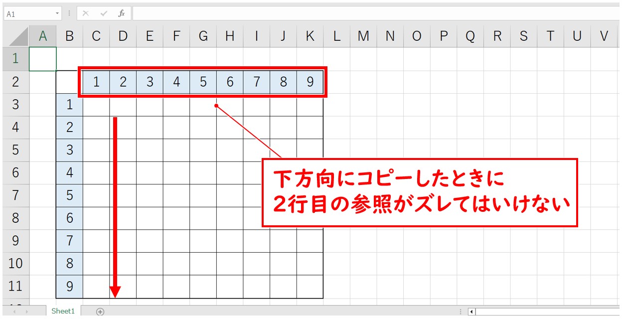 エクセル 掛け算 九九表 作り方
