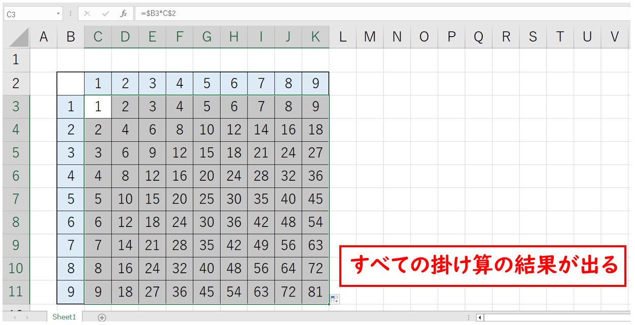 エクセル 掛け算 九九表 作り方