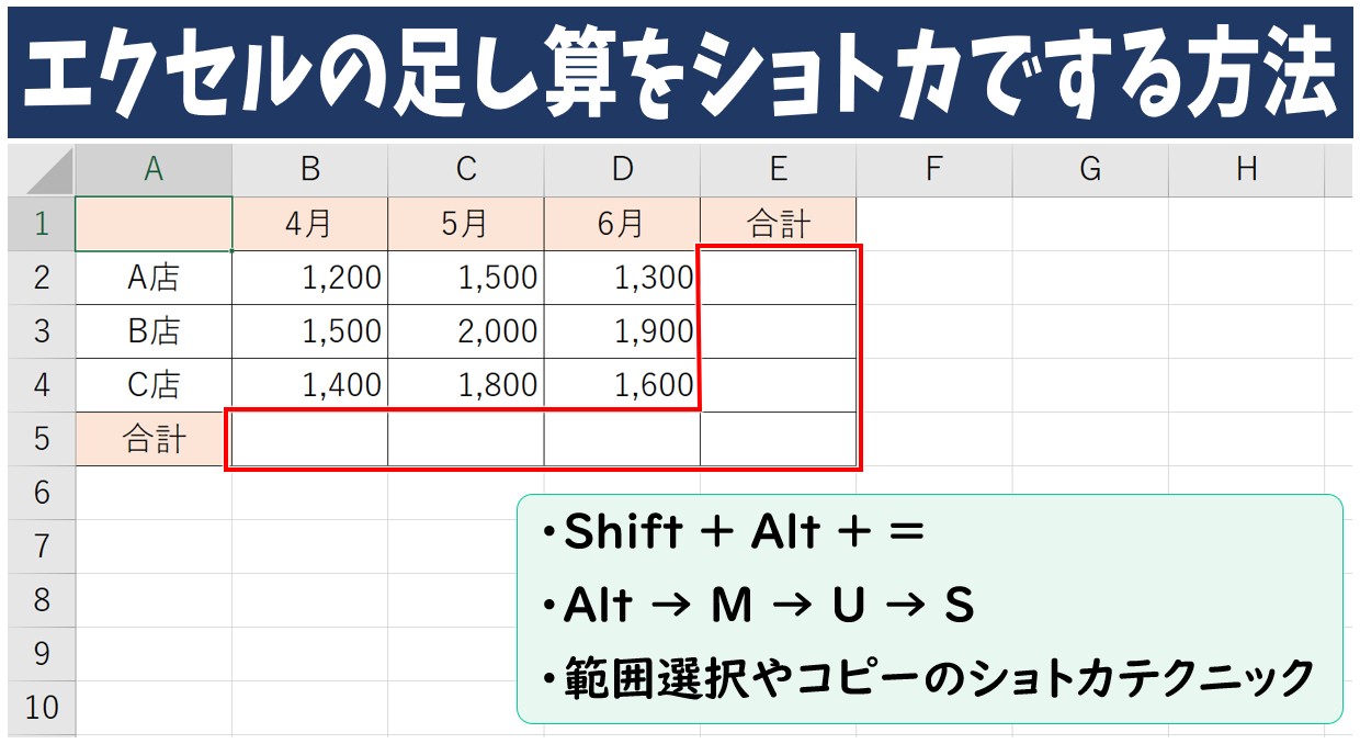 エクセル 足し算 ショートカット(Shif+Alt+＝)