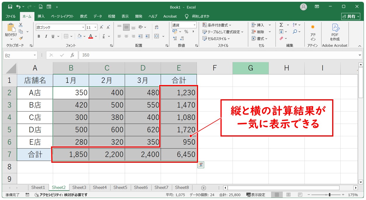 縦方向と横方向も一気に選択した範囲の足し算
