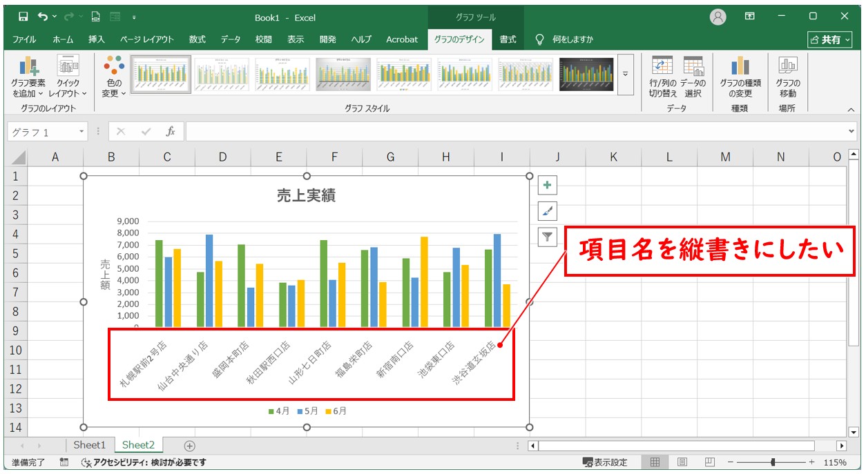 エクセル グラフの横軸の項目を縦書きにする方法
