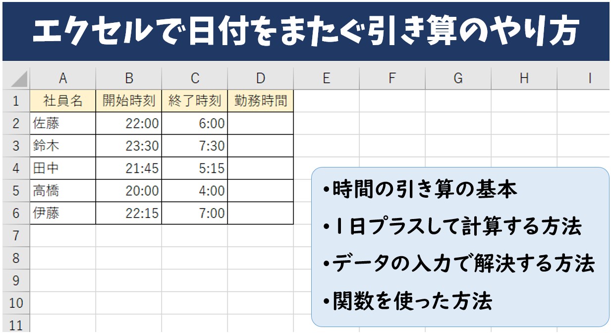 エクセルで日付をまたぐ引き算のやり方