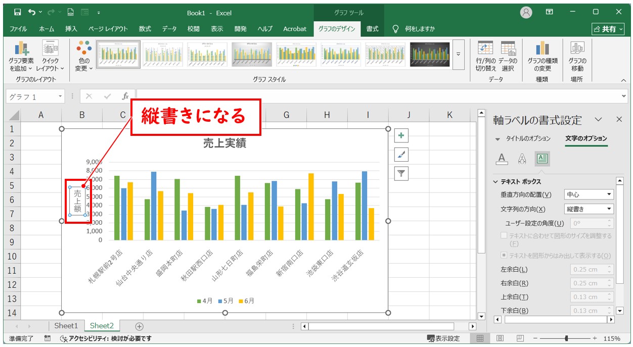 エクセル 軸ラベルを縦書きにする手順