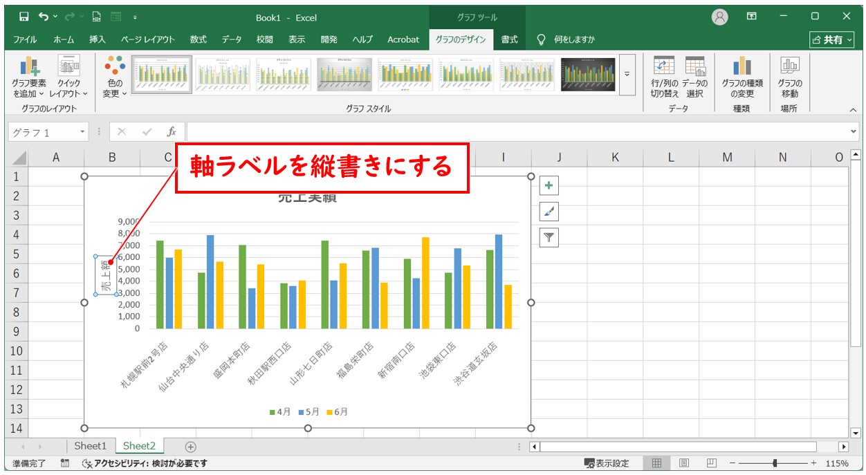 エクセル 軸ラベルを縦書きにする手順