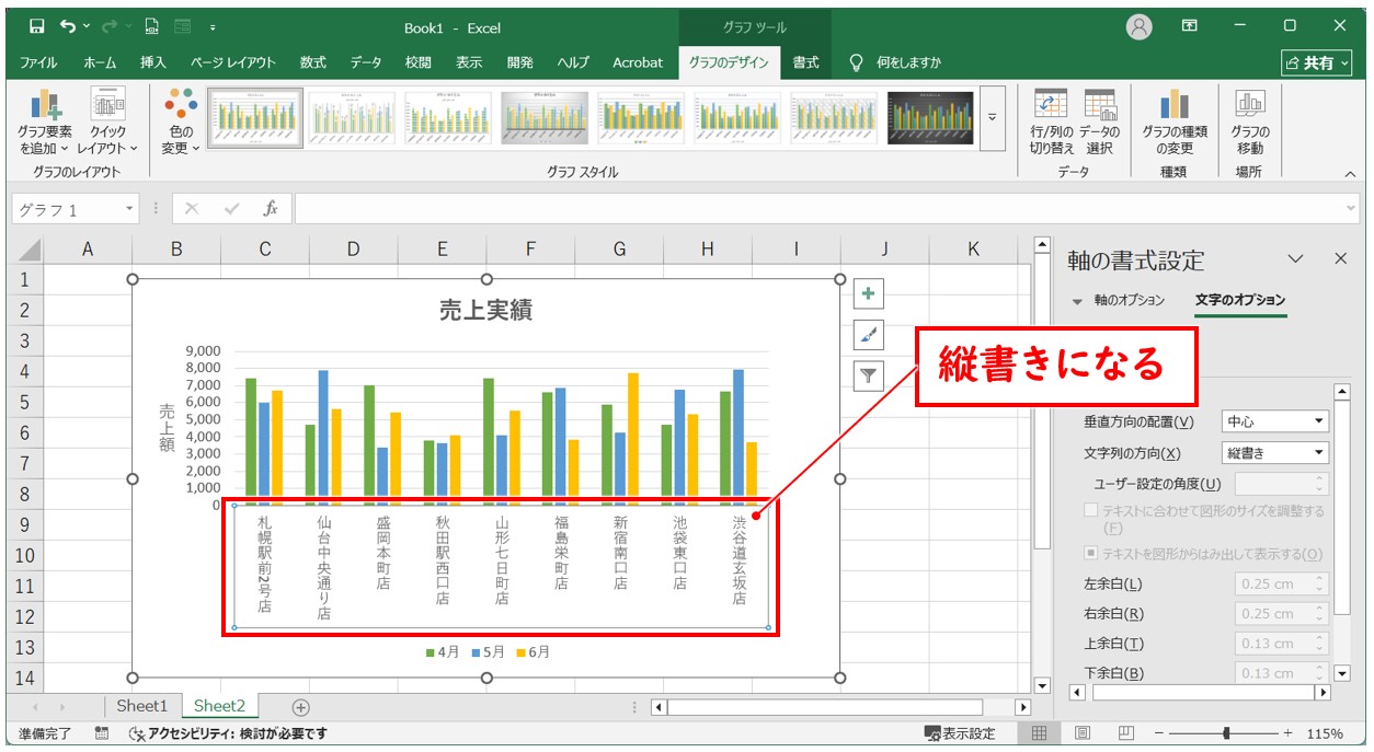エクセル グラフの横軸の項目を縦書きにする方法