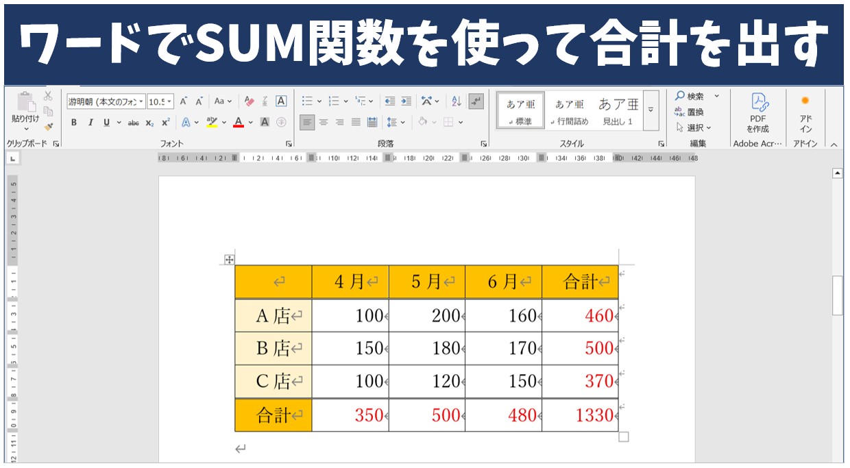 Word(ワード)でSUM関数を使って合計を出す方法