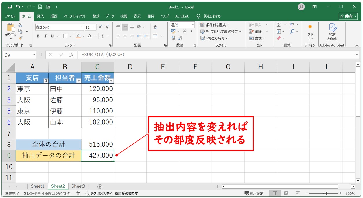 SUBTOTAL関数でフィルター後の合計を出す方法