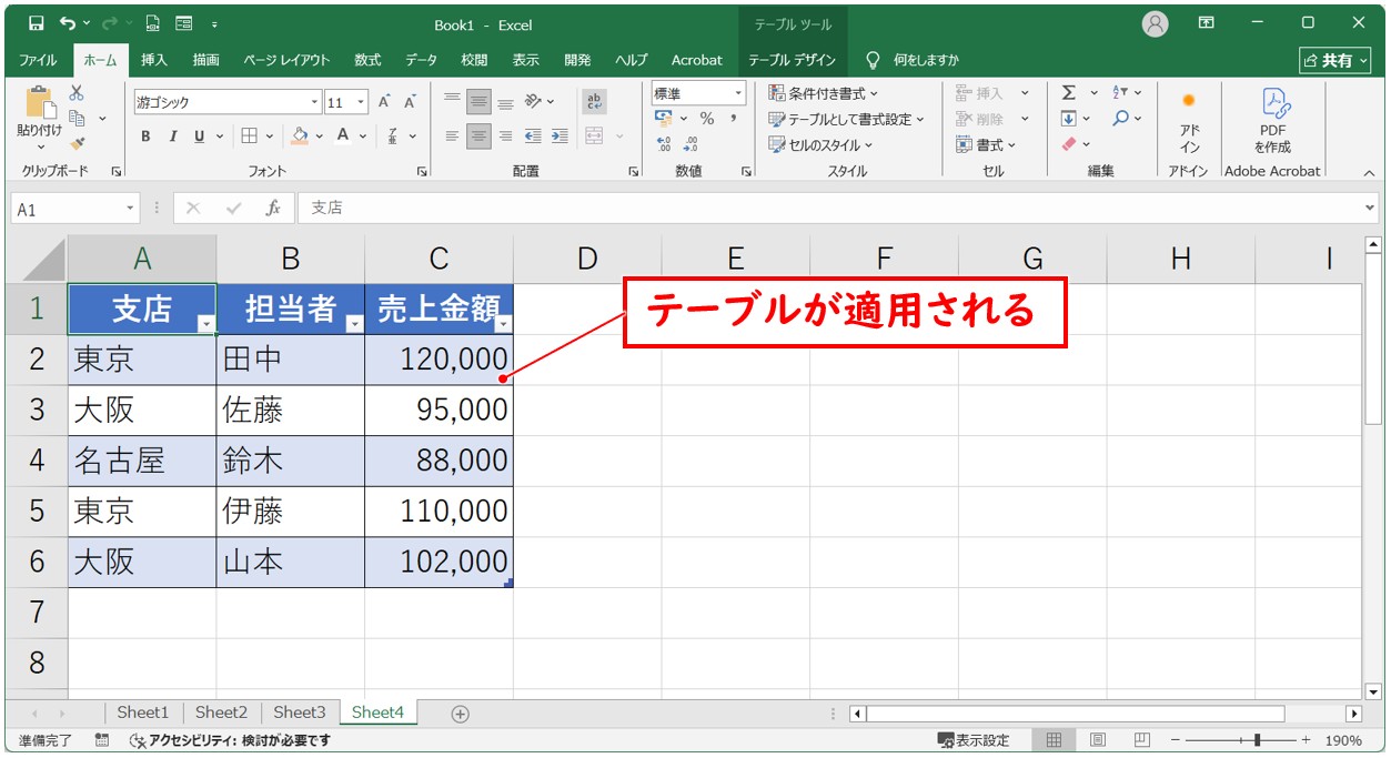 SUBTOTAL関数を表に適用する方法