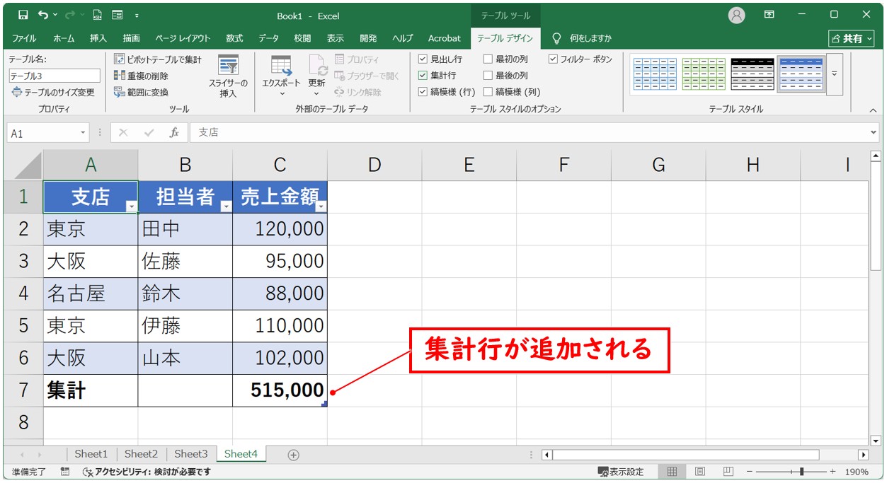 SUBTOTAL関数を表に適用する方法