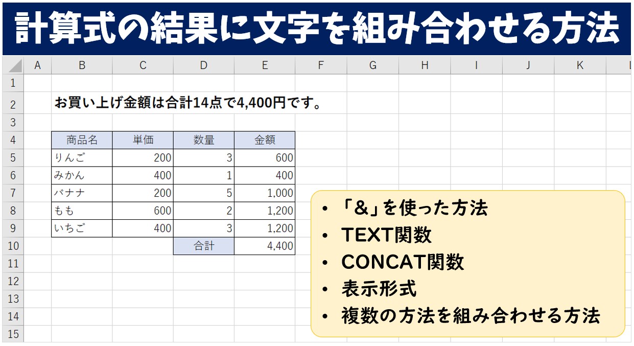 エクセル 計算式の結果に文字を組み合わせる方法