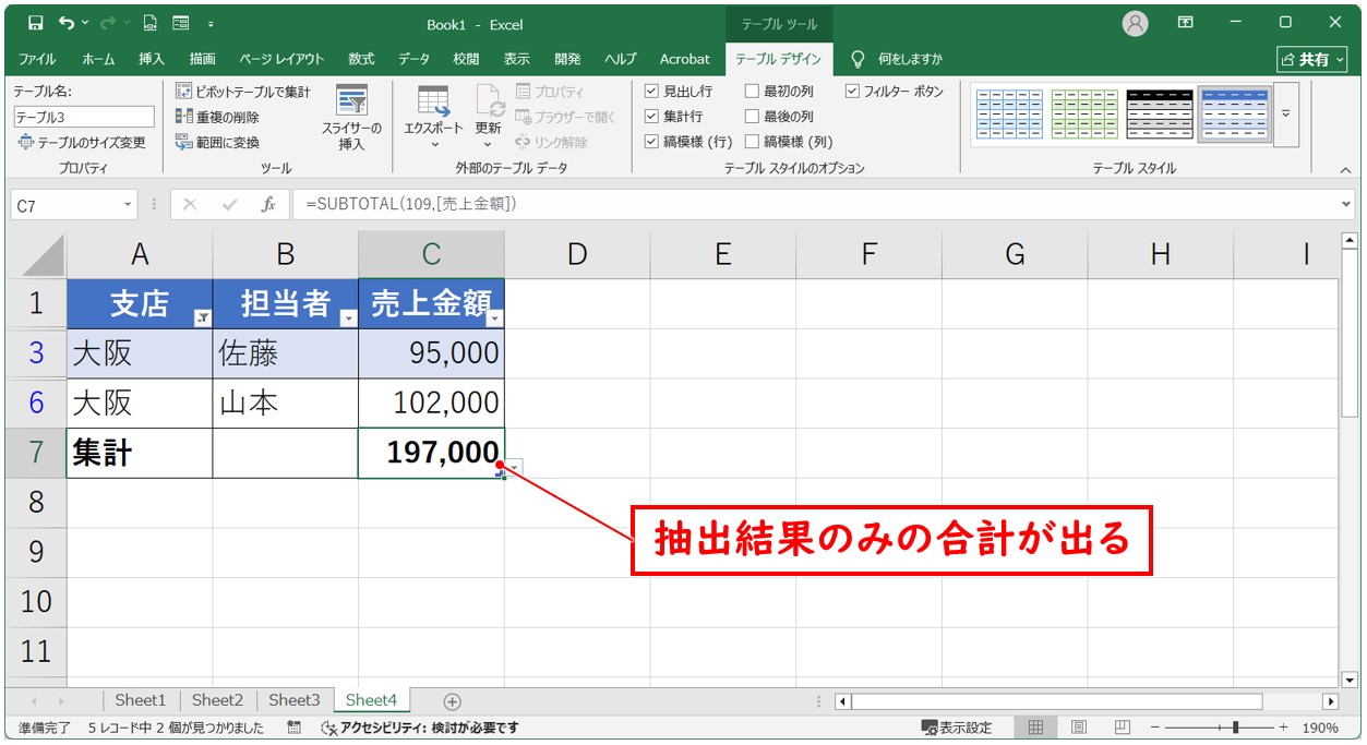 SUBTOTAL関数を表に適用する方法