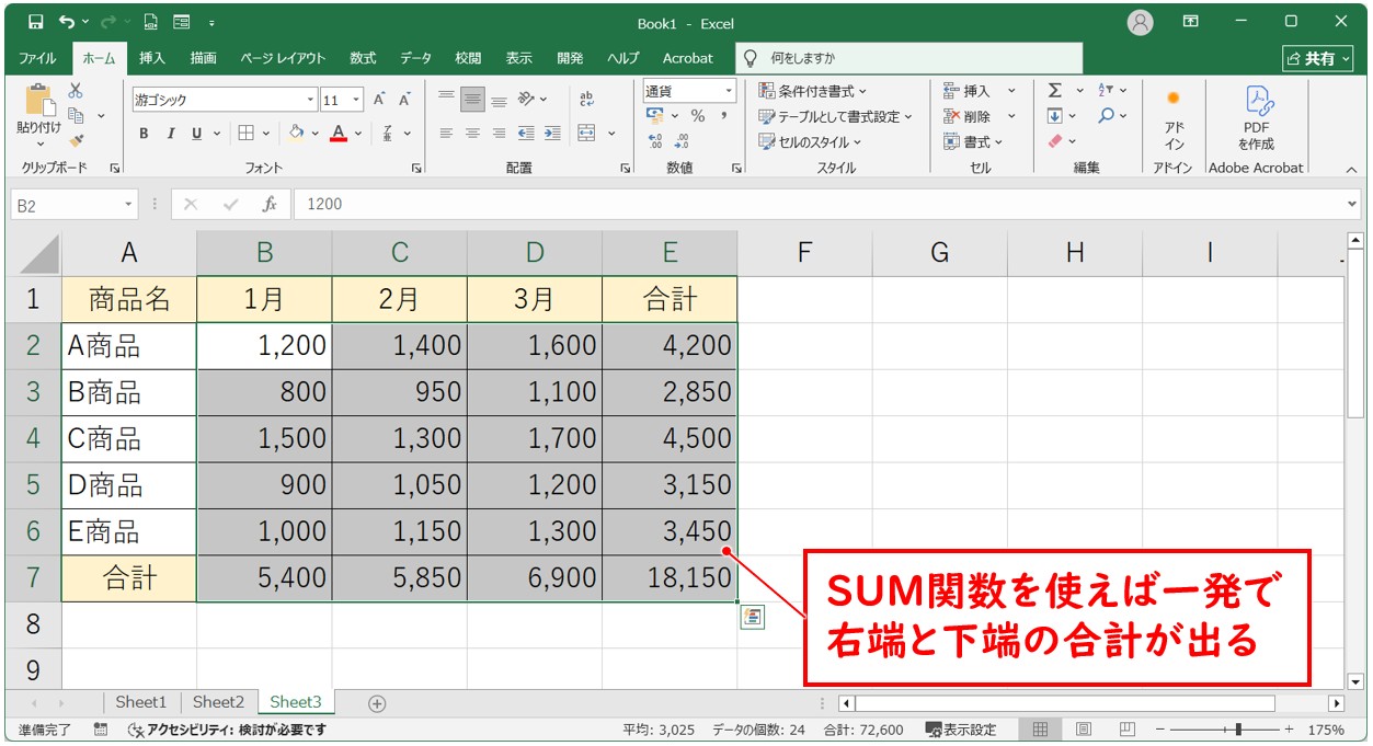縦横の合計を一発で出す方法