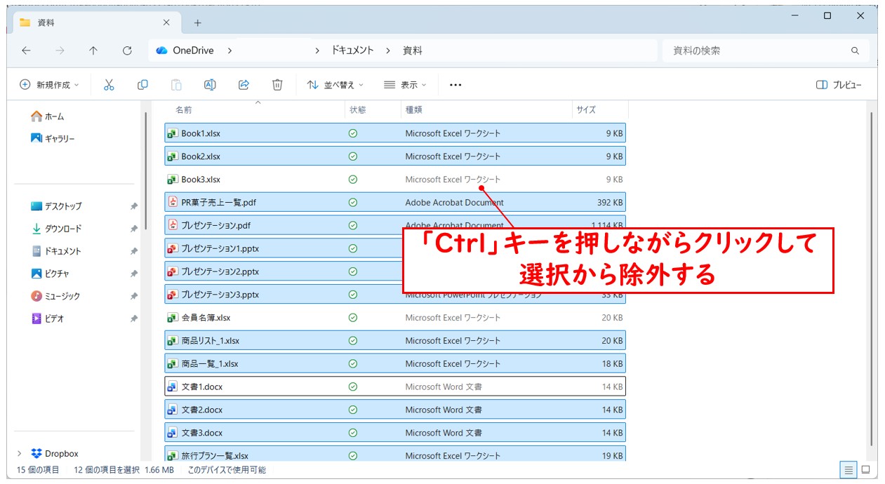 「Ctrl + A」で全選択、不要ファイルは「Ctrl」キーで除外